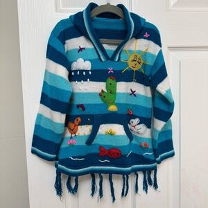 Peruvian Hand Knit colorful blue and white Hooded Sweater, colorful Embroidery